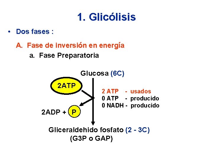1. Glicólisis • Dos fases : A. Fase de inversión en energía a. Fase