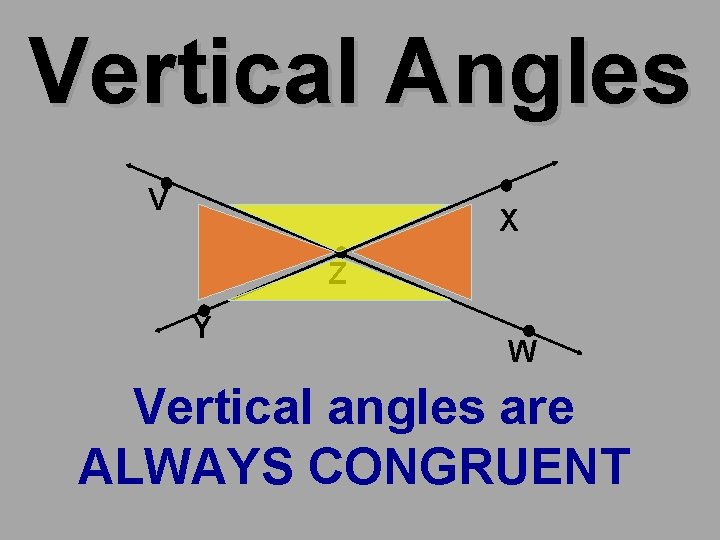 Vertical Angles V X Z Y W Vertical angles are ALWAYS CONGRUENT 