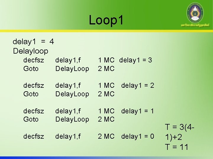 Loop 1 delay 1 = 4 Delayloop decfsz Goto delay 1, f Delay. Loop