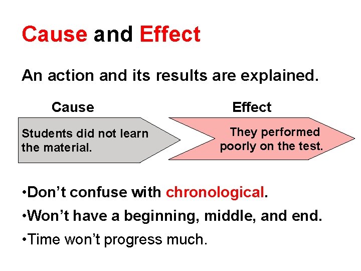 Cause and Effect An action and its results are explained. Cause Students did not