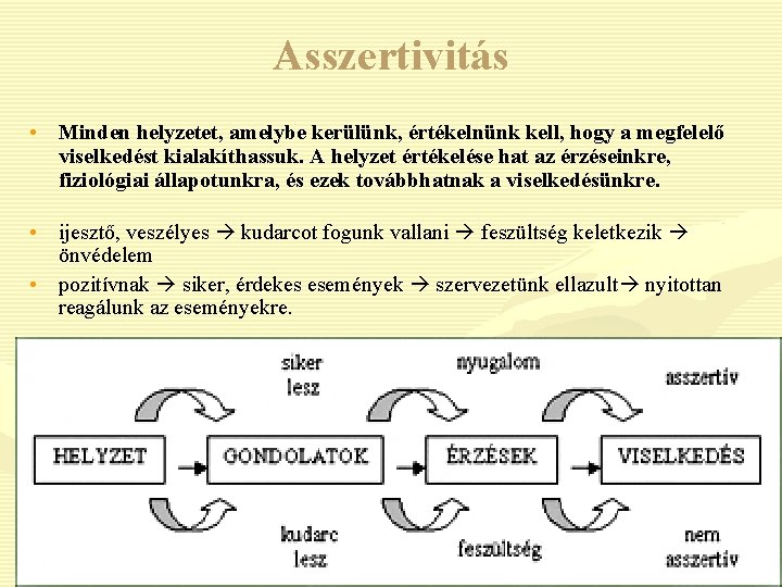 Asszertivitás • Minden helyzetet, amelybe kerülünk, értékelnünk kell, hogy a megfelelő viselkedést kialakíthassuk. A