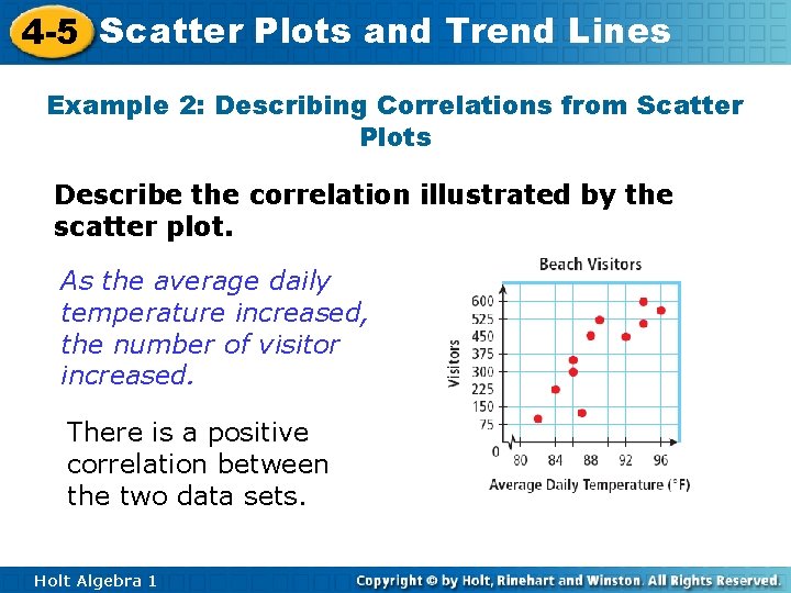 4 -5 Scatter Plots and Trend Lines Example 2: Describing Correlations from Scatter Plots