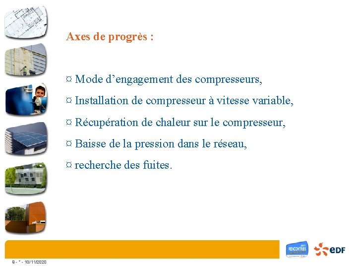 Axes de progrès : ¤ Mode d’engagement des compresseurs, ¤ Installation de compresseur à