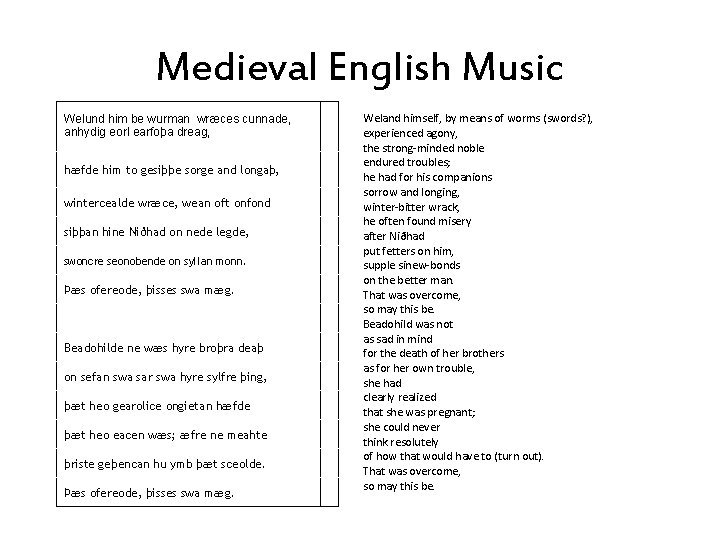 Medieval English Music Welund him be wurman wræces cunnade, anhydig eorl earfoþa dreag, hæfde