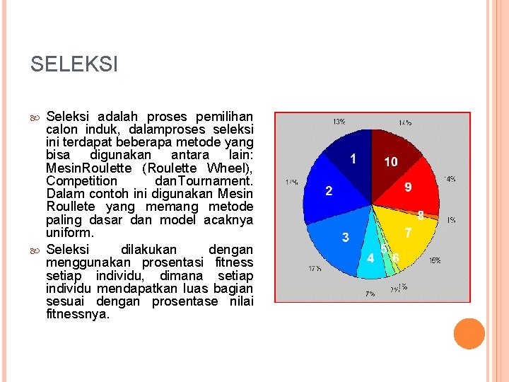 SELEKSI Seleksi adalah proses pemilihan calon induk, dalamproses seleksi ini terdapat beberapa metode yang