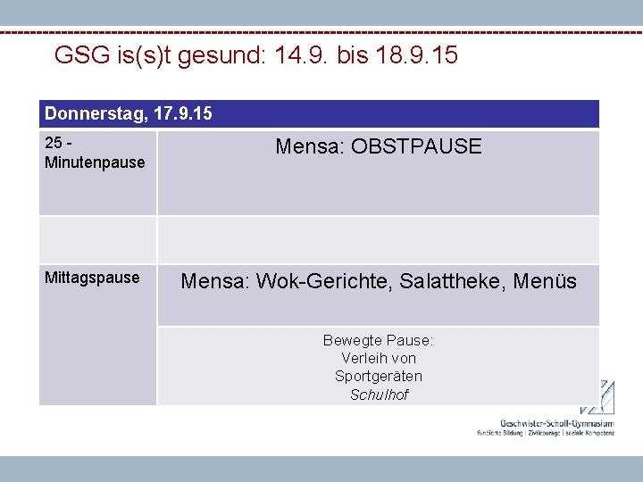 GSG is(s)t gesund: 14. 9. bis 18. 9. 15 Donnerstag, 17. 9. 15 25