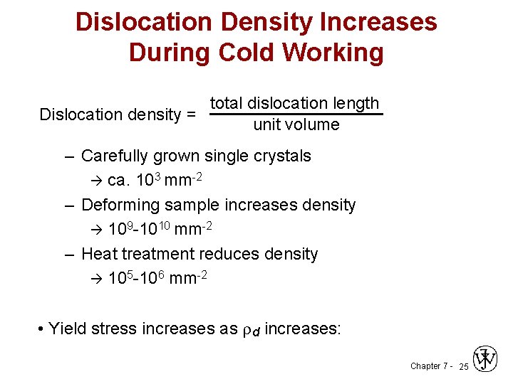 Dislocation Density Increases During Cold Working total dislocation length Dislocation density = unit volume