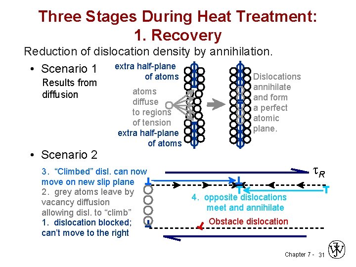 Three Stages During Heat Treatment: 1. Recovery Reduction of dislocation density by annihilation. •