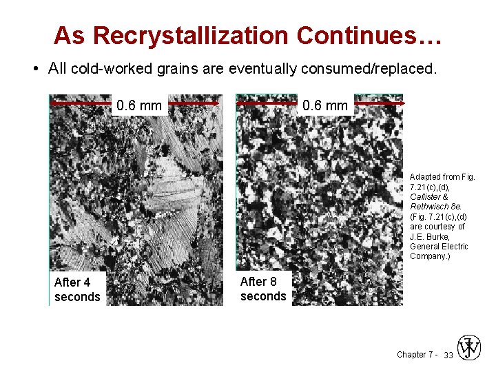 As Recrystallization Continues… • All cold-worked grains are eventually consumed/replaced. 0. 6 mm Adapted