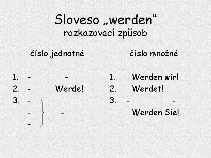 Sloveso „werden“ rozkazovací způsob číslo jednotné 1. 2. 3. - Werde! - číslo množné