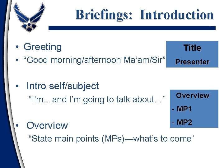 Briefings: Introduction • Greeting • “Good morning/afternoon Ma’am/Sir” • Intro self/subject “I’m…and I’m going