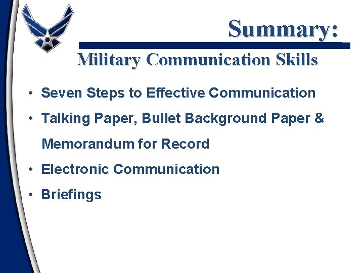 Summary: Military Communication Skills • Seven Steps to Effective Communication • Talking Paper, Bullet