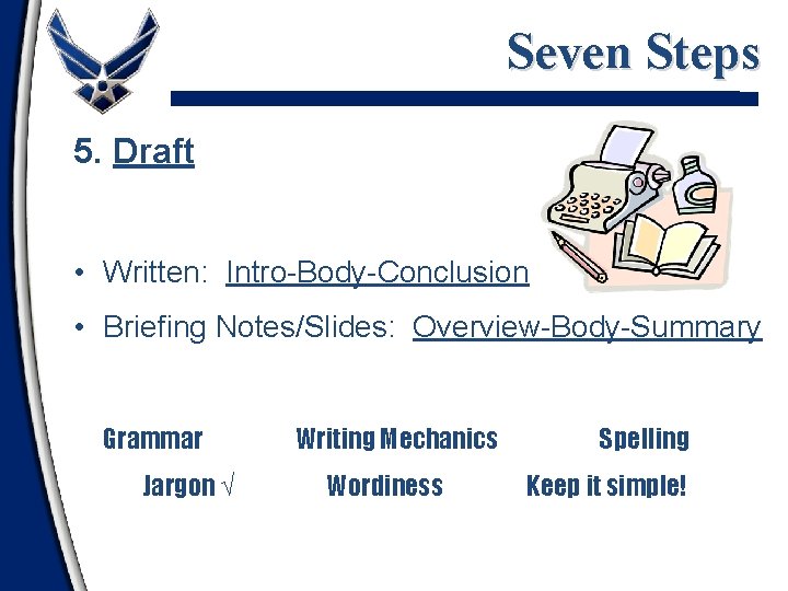 Seven Steps 5. Draft • Written: Intro-Body-Conclusion • Briefing Notes/Slides: Overview-Body-Summary Grammar Jargon √