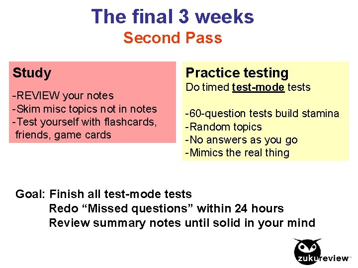 The final 3 weeks Second Pass Study -REVIEW your notes -Skim misc topics not