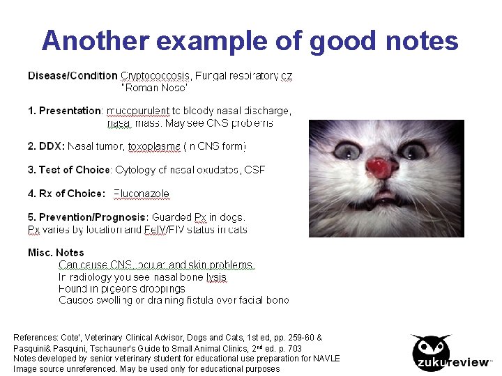 Another example of good notes References: Cote’, Veterinary Clinical Advisor, Dogs and Cats, 1