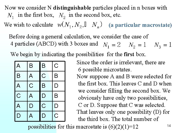 Now we consider N distinguishable particles placed in n boxes with in the first