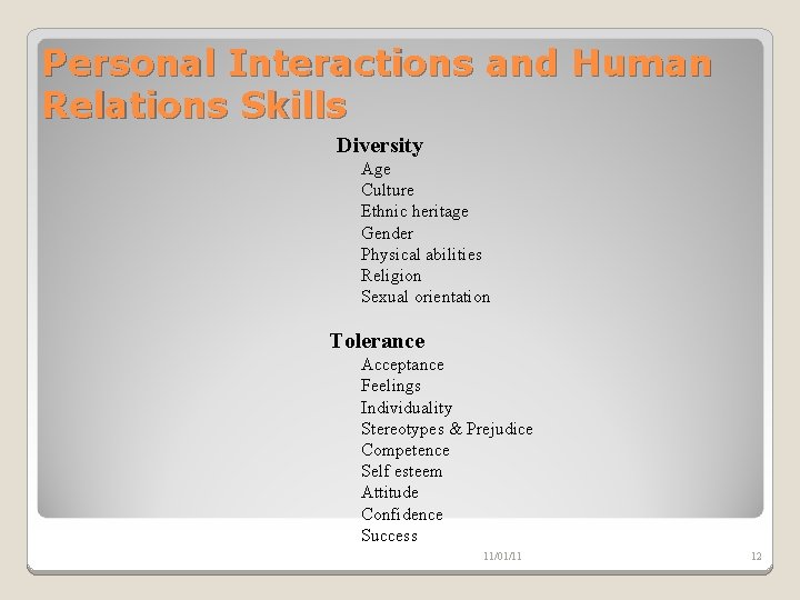 Personal Interactions and Human Relations Skills Diversity Age Culture Ethnic heritage Gender Physical abilities