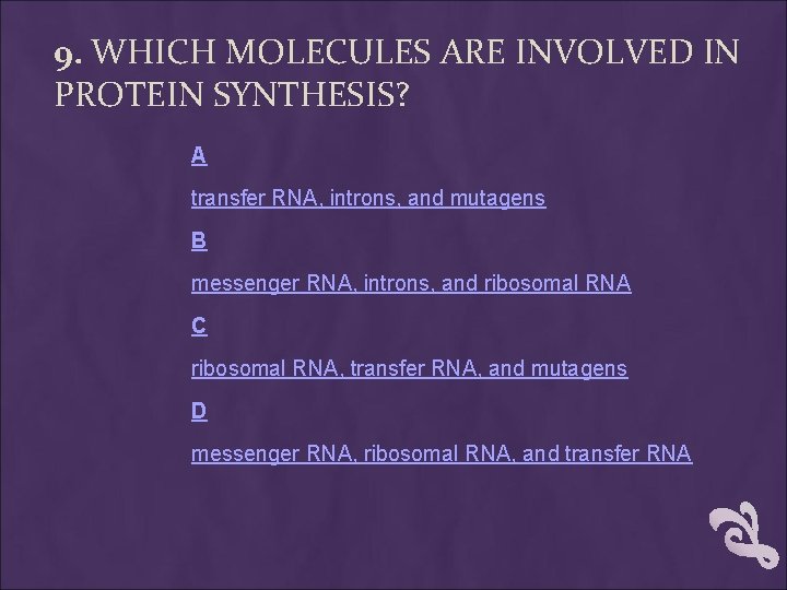 9. WHICH MOLECULES ARE INVOLVED IN PROTEIN SYNTHESIS? A transfer RNA, introns, and mutagens 9. WHICH MOLECULES ARE INVOLVED IN PROTEIN SYNTHESIS? A transfer RNA, introns, and mutagens