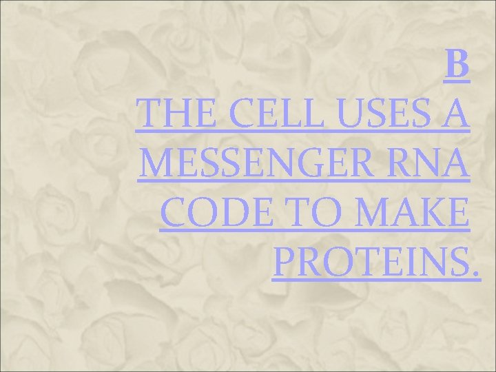 B THE CELL USES A MESSENGER RNA CODE TO MAKE PROTEINS. B THE CELL USES A MESSENGER RNA CODE TO MAKE PROTEINS.