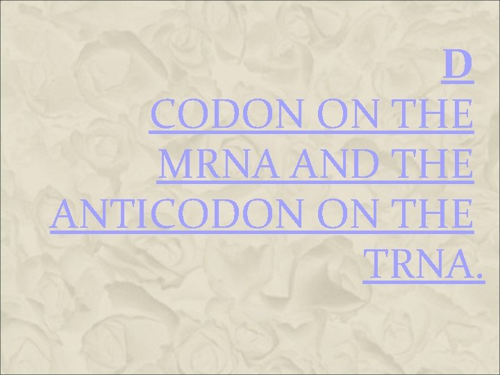 D CODON ON THE MRNA AND THE ANTICODON ON THE TRNA. D CODON ON THE MRNA AND THE ANTICODON ON THE TRNA.