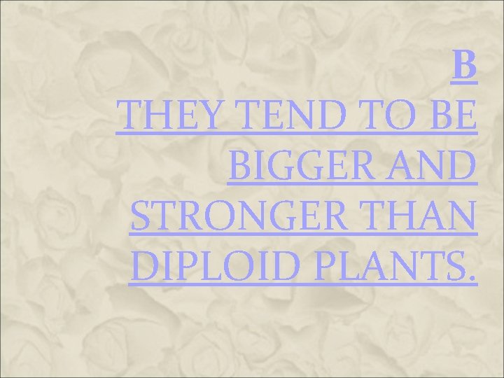 B THEY TEND TO BE BIGGER AND STRONGER THAN DIPLOID PLANTS. B THEY TEND TO BE BIGGER AND STRONGER THAN DIPLOID PLANTS.