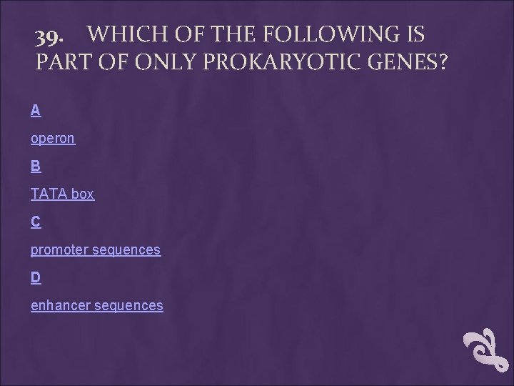 39. WHICH OF THE FOLLOWING IS PART OF ONLY PROKARYOTIC GENES? A operon B 39. WHICH OF THE FOLLOWING IS PART OF ONLY PROKARYOTIC GENES? A operon B