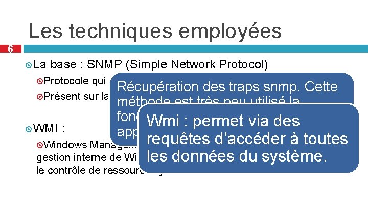 Les techniques employées 6 La base : SNMP (Simple Network Protocol) Protocole qui permet