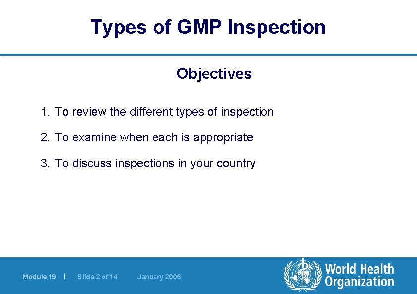 Types of GMP Inspection Objectives 1. To review the different types of inspection 2.