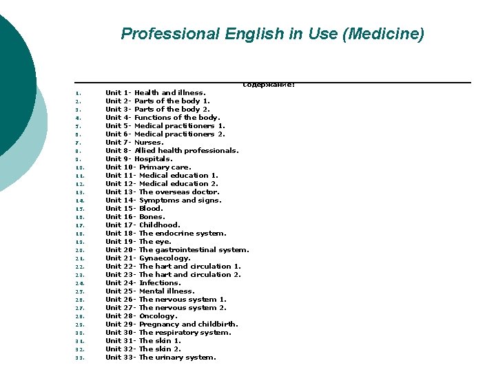 Professional English in Use (Medicine) 1. 2. 3. 4. 5. 6. 7. 8. 9. Professional English in Use (Medicine) 1. 2. 3. 4. 5. 6. 7. 8. 9.