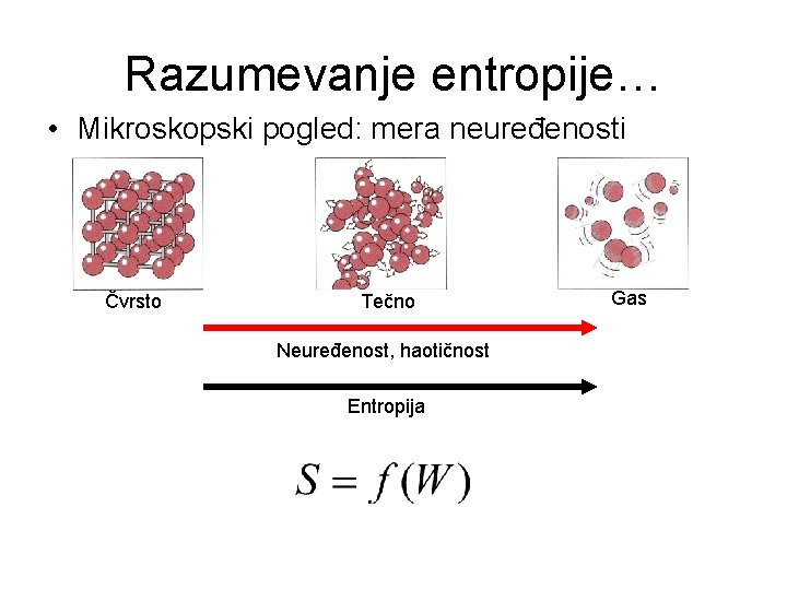 Razumevanje entropije… • Mikroskopski pogled: mera neuređenosti Čvrsto Tečno Neuređenost, haotičnost Entropija Gas 