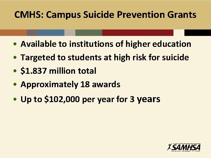 CMHS: Campus Suicide Prevention Grants • • Available to institutions of higher education Targeted