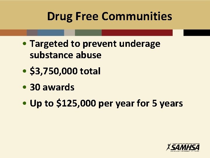 Drug Free Communities • Targeted to prevent underage substance abuse • $3, 750, 000