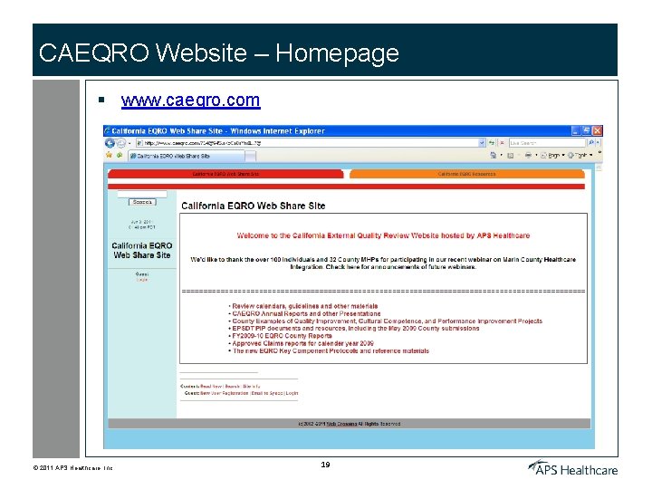 CAEQRO Website – Homepage § www. caeqro. com © 2011 APS Healthcare, Inc. 19