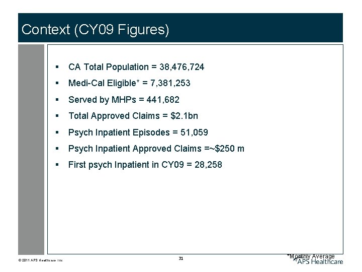 Context (CY 09 Figures) § CA Total Population = 38, 476, 724 § Medi-Cal