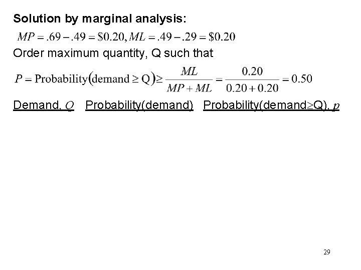 Solution by marginal analysis: Order maximum quantity, Q such that Demand, Q Probability(demand) Probability(demand