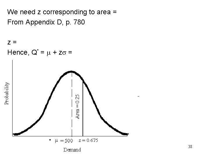 We need z corresponding to area = From Appendix D, p. 780 z= Hence,
