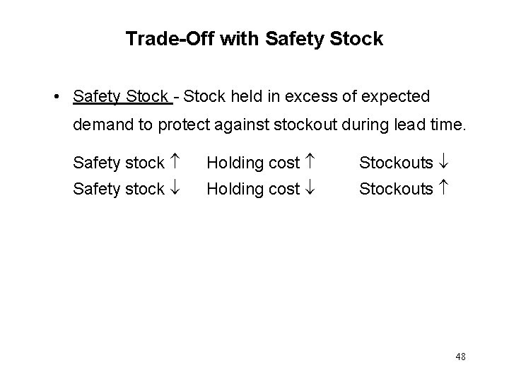 Trade-Off with Safety Stock • Safety Stock - Stock held in excess of expected