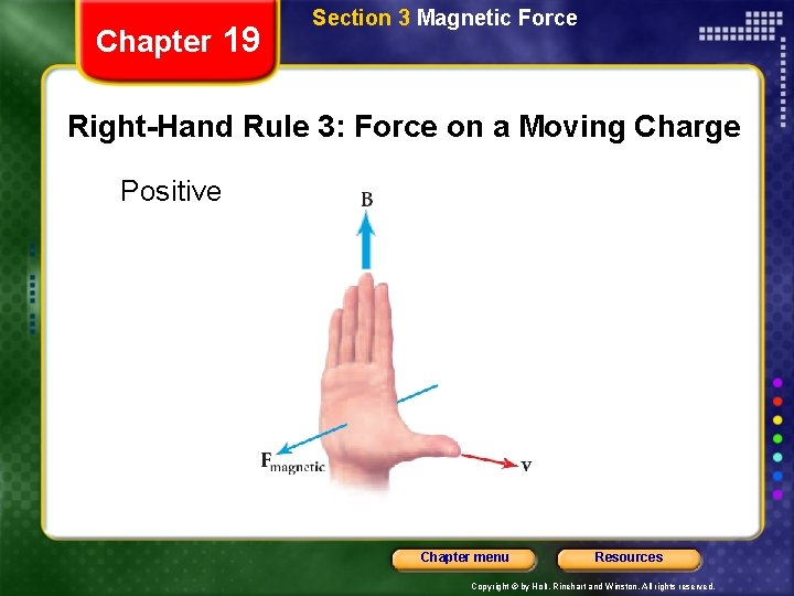 Chapter 19 Section 3 Magnetic Force Right-Hand Rule 3: Force on a Moving Charge