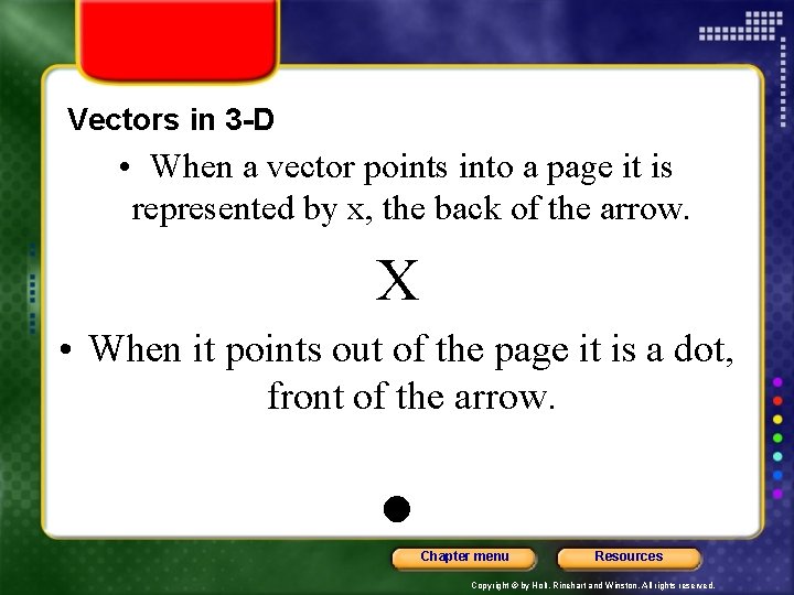 Vectors in 3 -D • When a vector points into a page it is