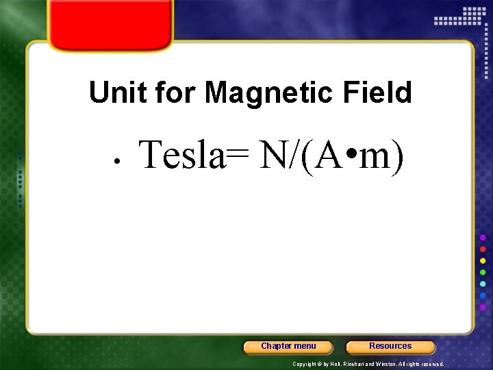 Unit for Magnetic Field • Tesla= N/(A • m) Chapter menu Resources Copyright ©