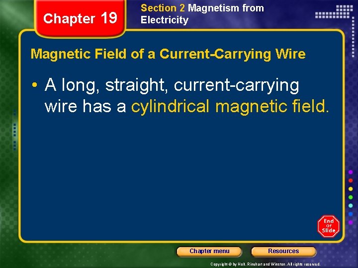 Chapter 19 Section 2 Magnetism from Electricity Magnetic Field of a Current-Carrying Wire •