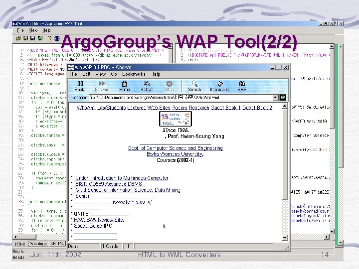 Argo. Group’s WAP Tool(2/2) Jun. 11 th, 2002 HTML to WML Converters 14 