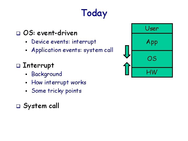 Today q OS: event-driven § § q Interrupt § § § q Device events: