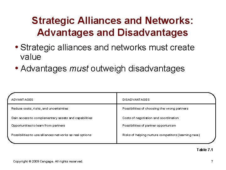 Strategic Alliances and Networks: Advantages and Disadvantages • Strategic alliances and networks must create