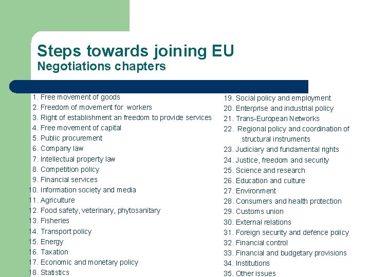 Steps towards joining EU Negotiations chapters 1. Free movement of goods 2. Freedom of