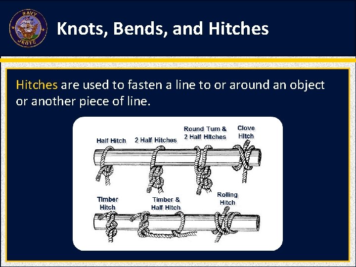 Knots, Bends, and Hitches are used to fasten a line to or around an Knots, Bends, and Hitches are used to fasten a line to or around an