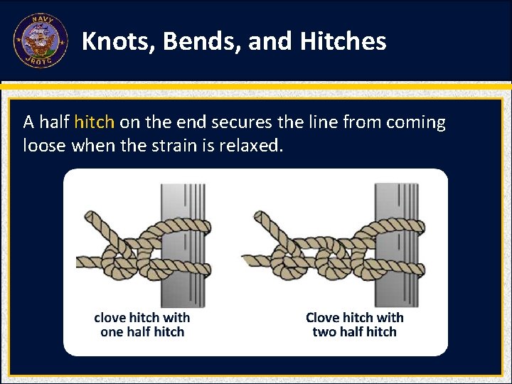 Knots, Bends, and Hitches A half hitch on the end secures the line from Knots, Bends, and Hitches A half hitch on the end secures the line from