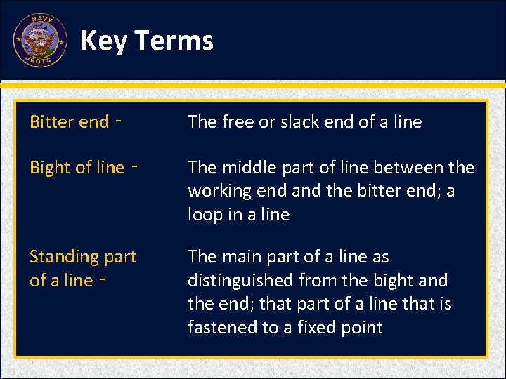 Key Terms Bitter end ‑ The free or slack end of a line Bight Key Terms Bitter end ‑ The free or slack end of a line Bight