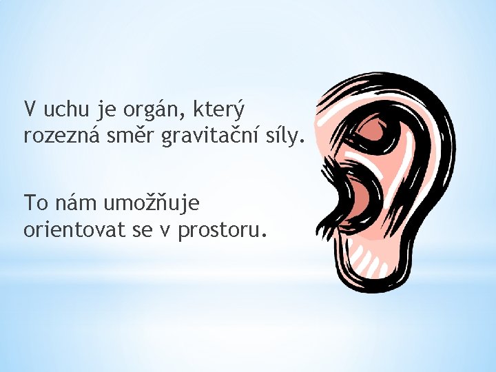 V uchu je orgán, který rozezná směr gravitační síly. To nám umožňuje orientovat se