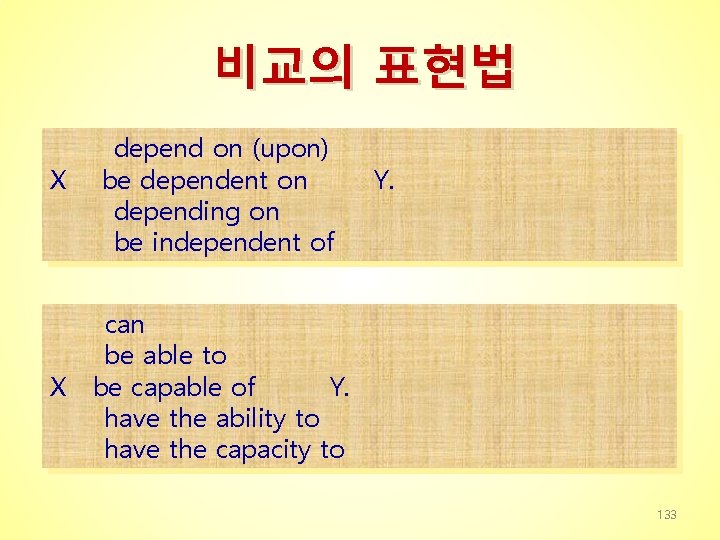 비교의 표현법 X X depend on (upon) be dependent on depending on be independent